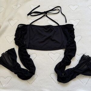 SHEIN Black Halter Crop Top Mesh Bell Sleeves